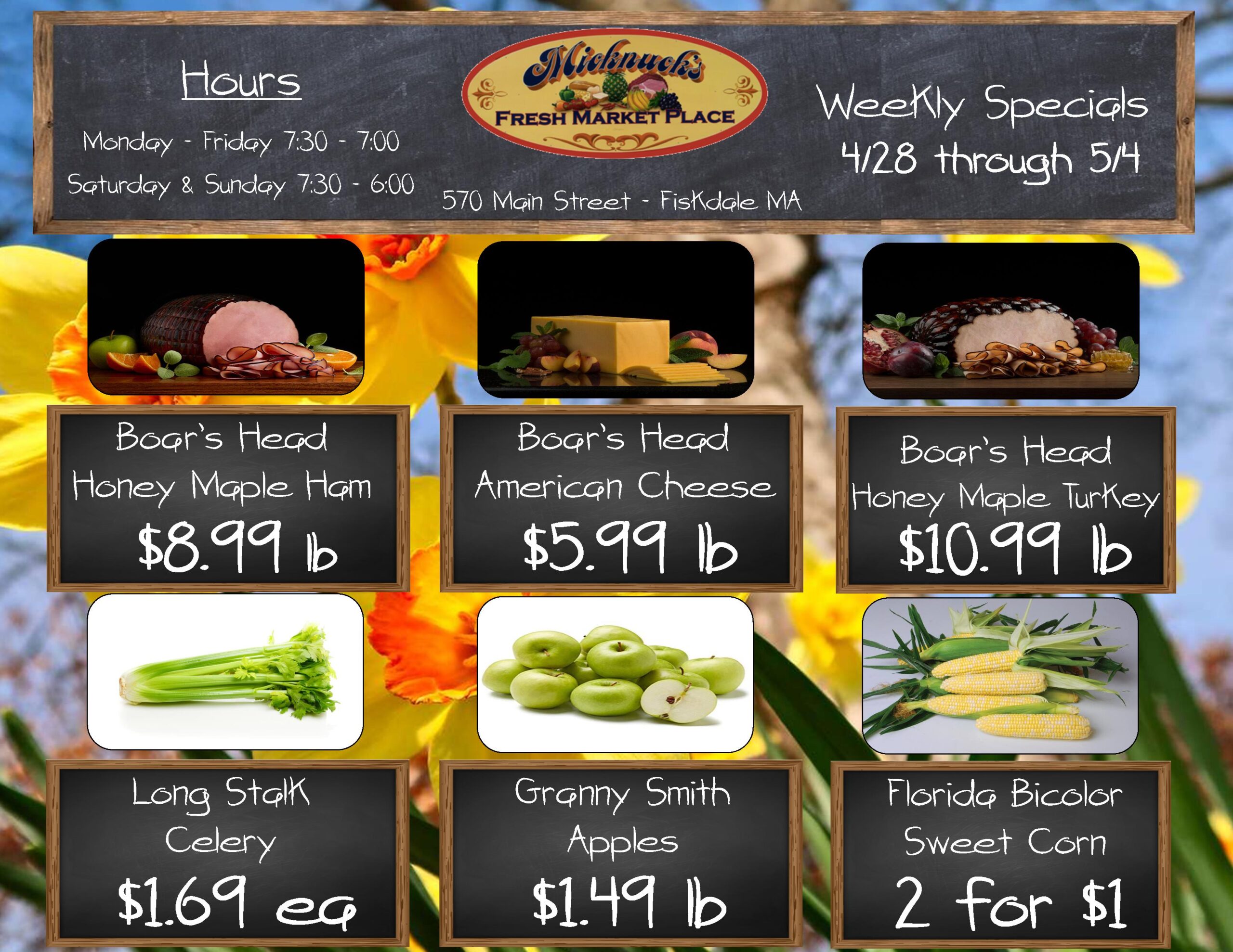 Boars head honey maple ham $8.99 lb
Boars head american cheese $5.99 lb
boars head honey maple turkey $10.99 lb
Long celery stalk $1.69 each
Granny smith apples $1.49 lb 
florida bi color sweet corn 2 for $1
